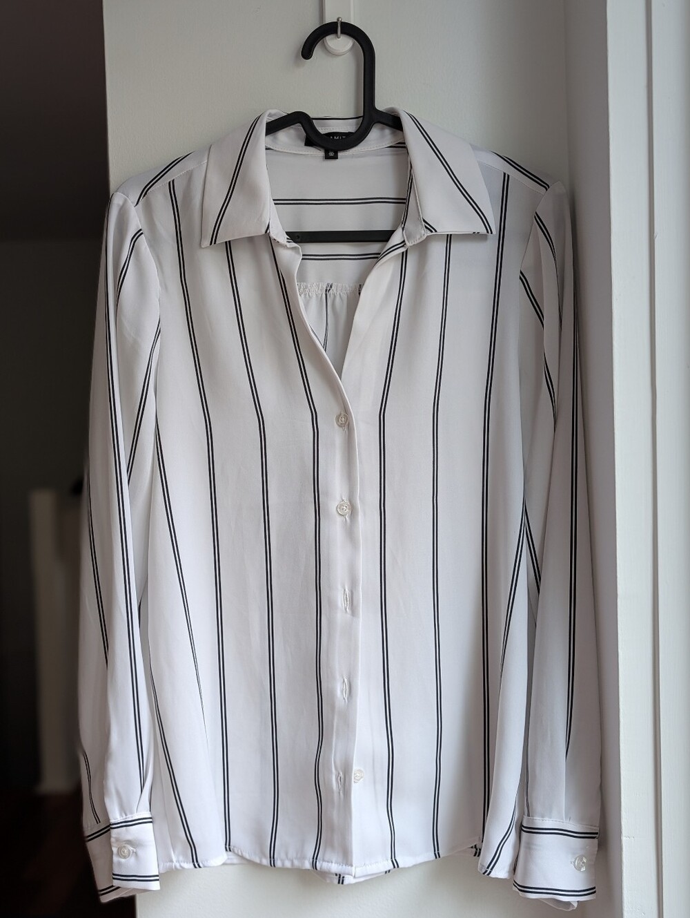 Satin White Button-Down Shirt with Black Vertical Stripes